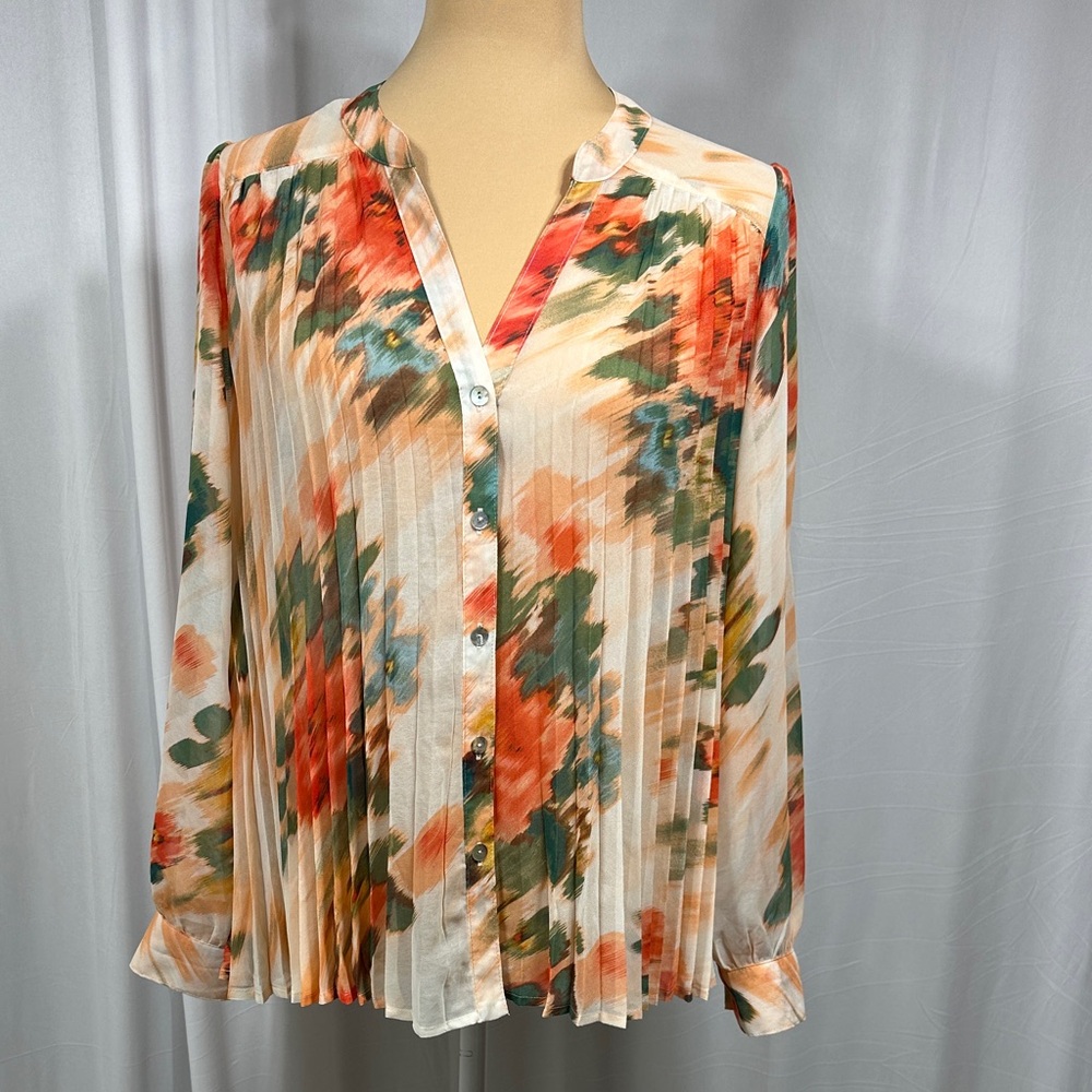 Pleated Floral Button-Down Shirt - Cream with Orange & Green Accents